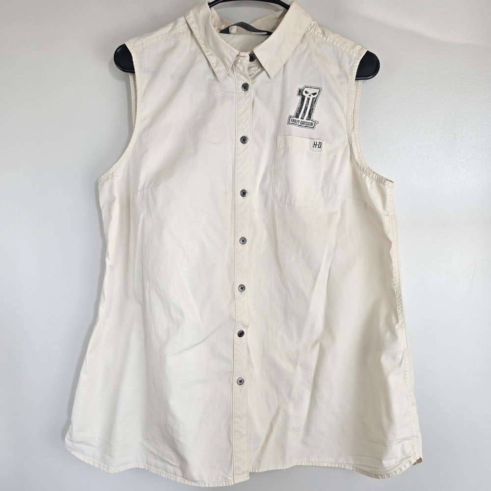 Harley Davidson Womens Sleeveless Motorcycle Collared Shirt Large Off White.C133 - Picture 2 of 13